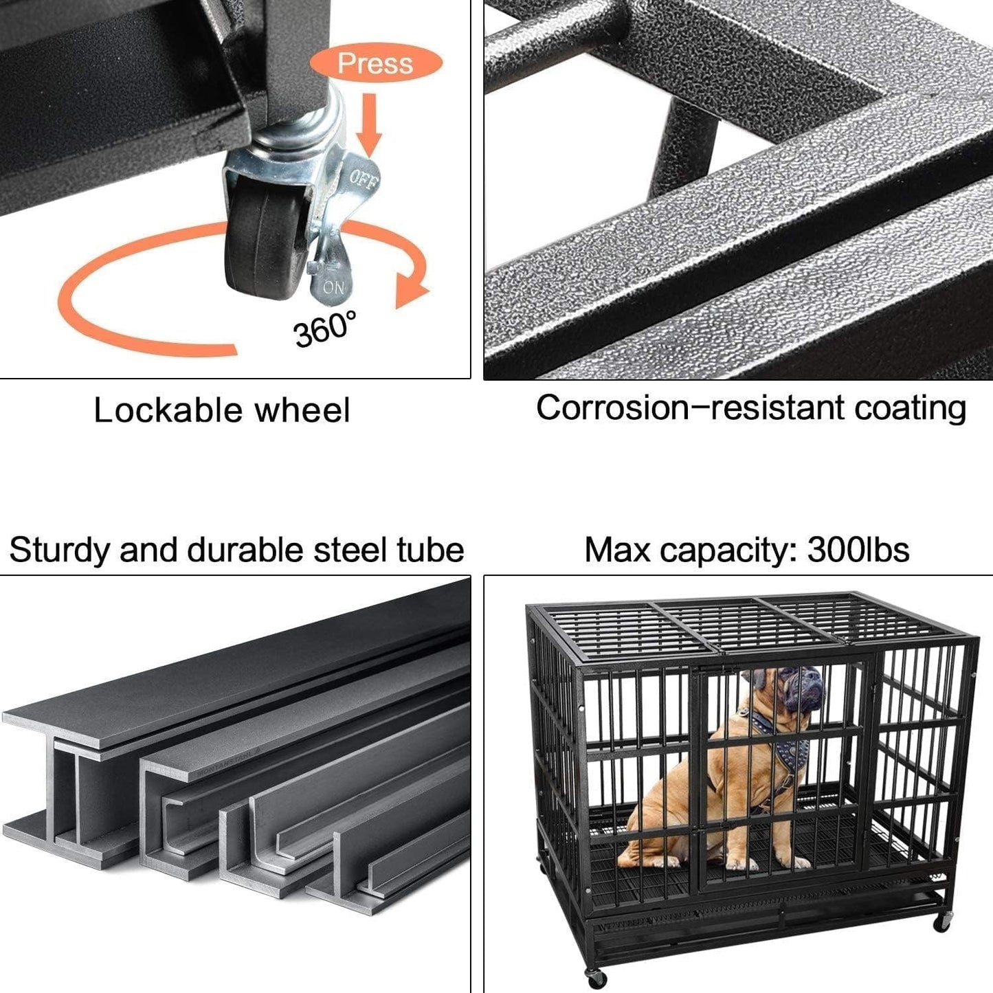 BOSSIN 48/38 inch Heavy Duty Indestructible Dog Crate, Escape Proof Dog Cage Kennel with Lockable Wheels