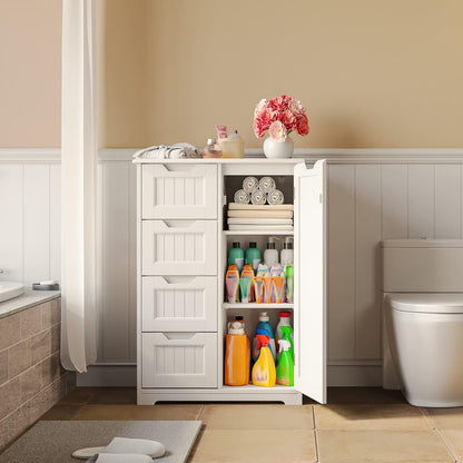 Bathroom Floor Storage Cabinet, Free-Standing Floor Storage Cabinet with 4 Draws and Adjustable Shelf
