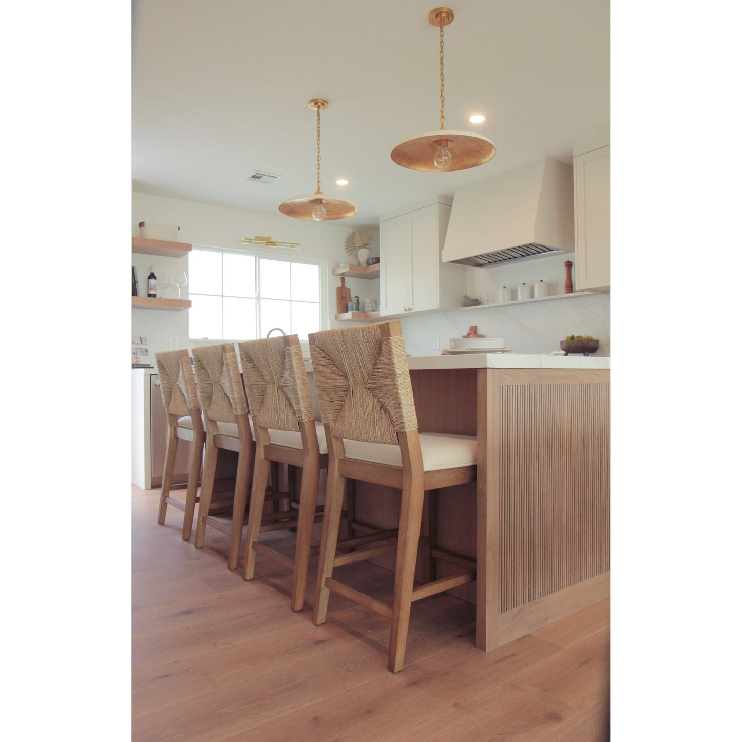 Beacon Bohemian Boucle Bar Stool, Upholstered Counter Height Chair with Solid Wood Frame and Woven Seagrass Back