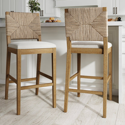 Beacon Bohemian Boucle Bar Stool, Upholstered Counter Height Chair with Solid Wood Frame and Woven Seagrass Back