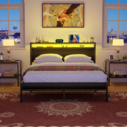 Farmhouse Wood Platform Bed Frame with Charged Station and LED Lights