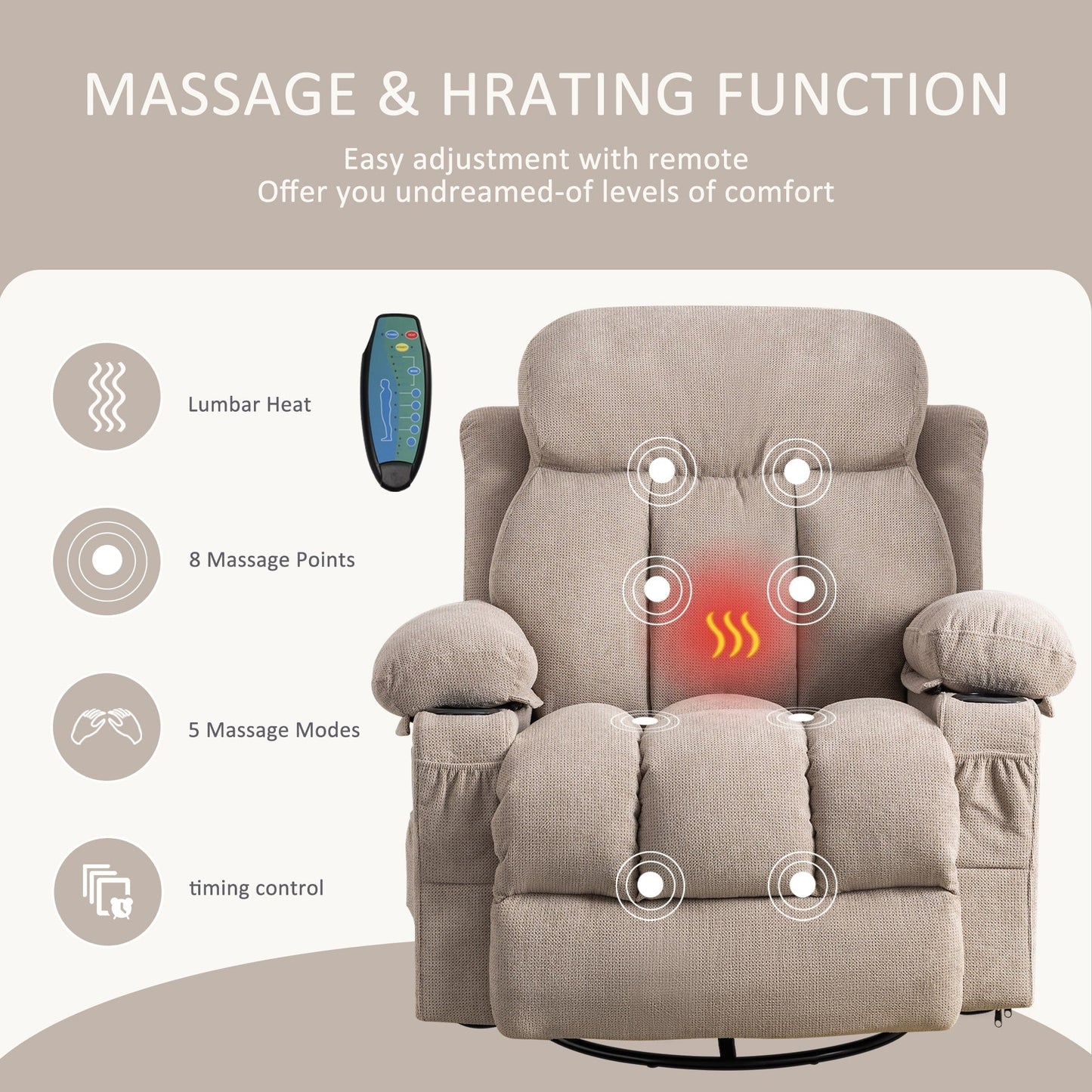 Beige Swivel Recliner with Massage, Heat & USB Charging