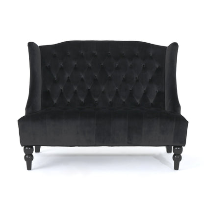 Black Velvet Button Tufted High Wingback Loveseat Sofa