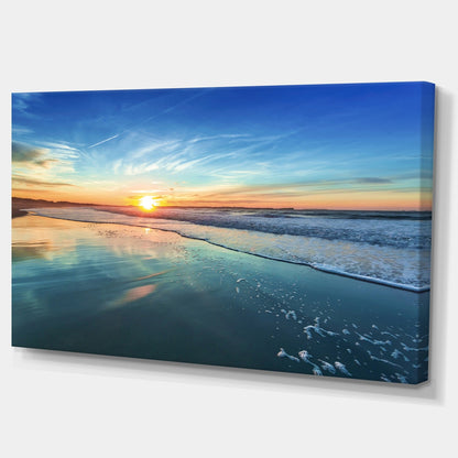 Blue Seashore with Distant Sunset - Seashore Canvas Wall Art