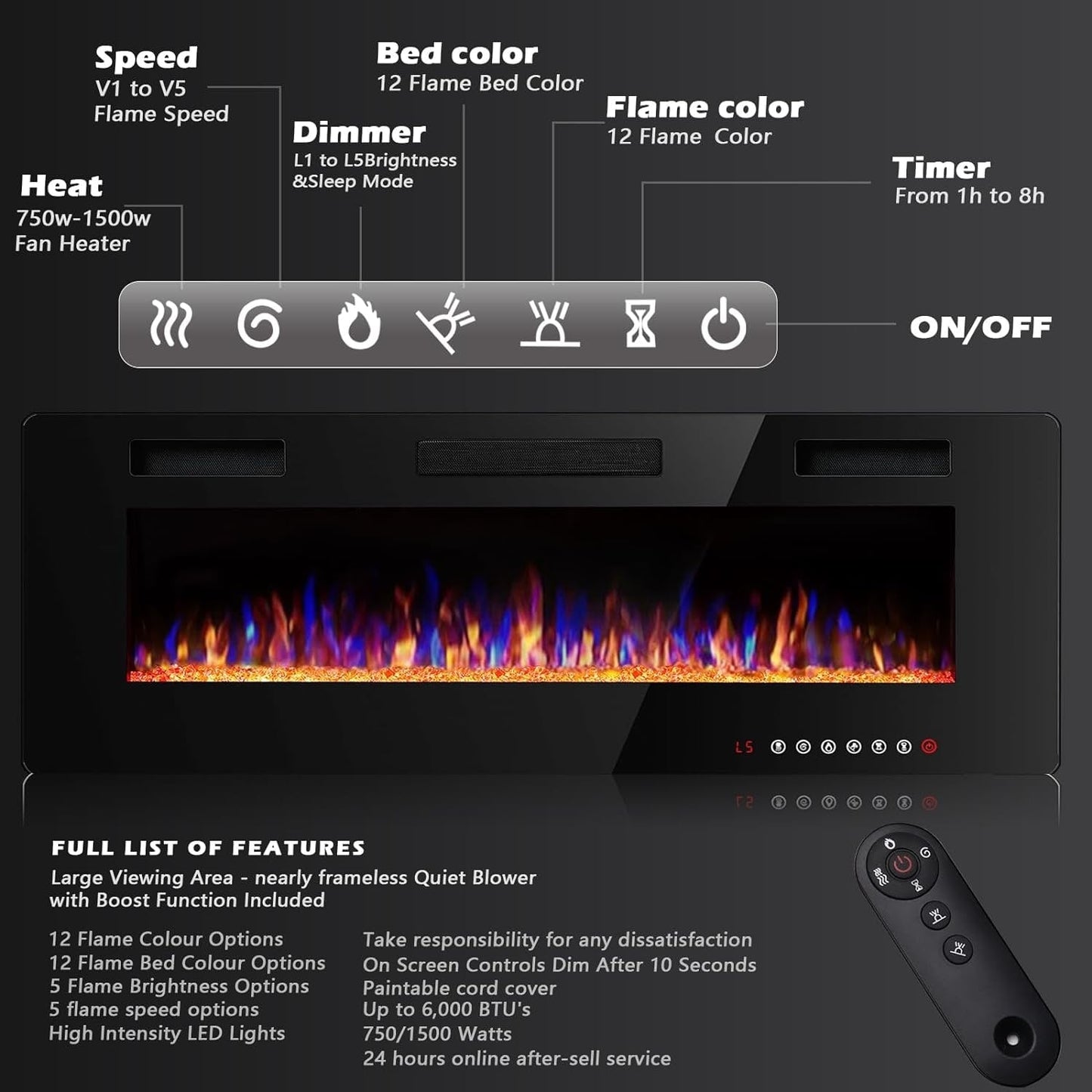 Bossin 30 to 72 inch Electric Fireplace Ultra-Thin and Silence Linear Recessed Wall Mounted Fireplace with Remote Control