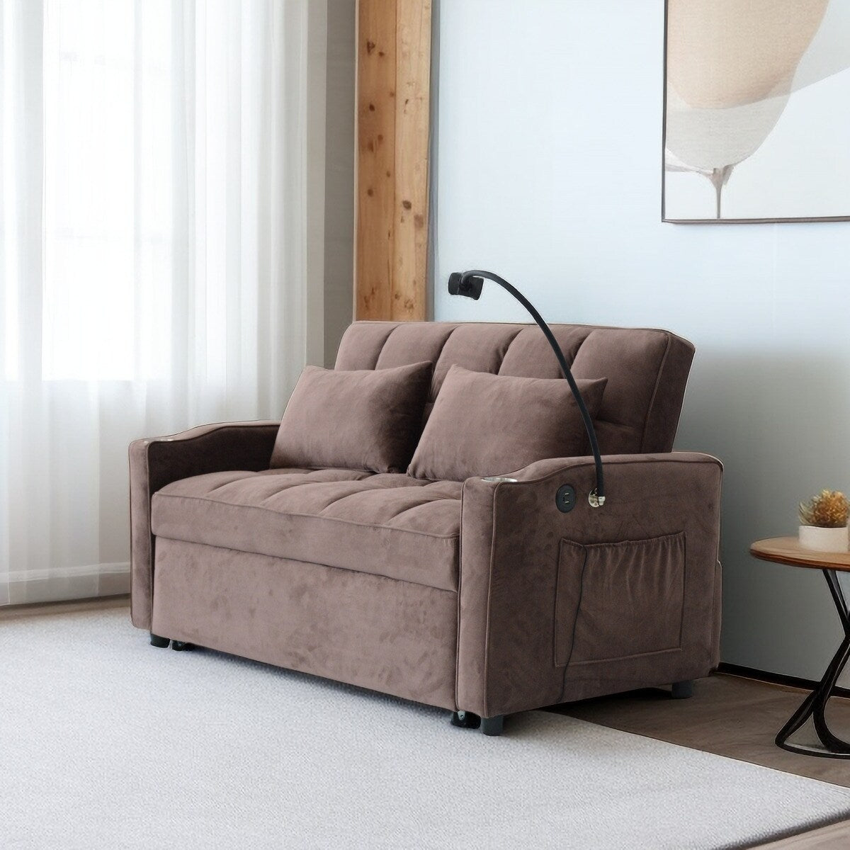 Brown Modern 54.33 Convertible Pullout Loveseat Sofa Bed with Reclining Backrest and Phone Holder