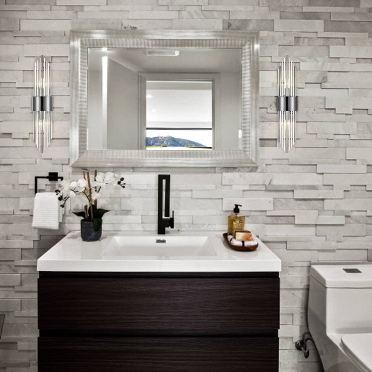 Cabrera Modern Metal Wall Sconce with Beautiful Crystal Clear Glass Rods for Bathroom Set of 2