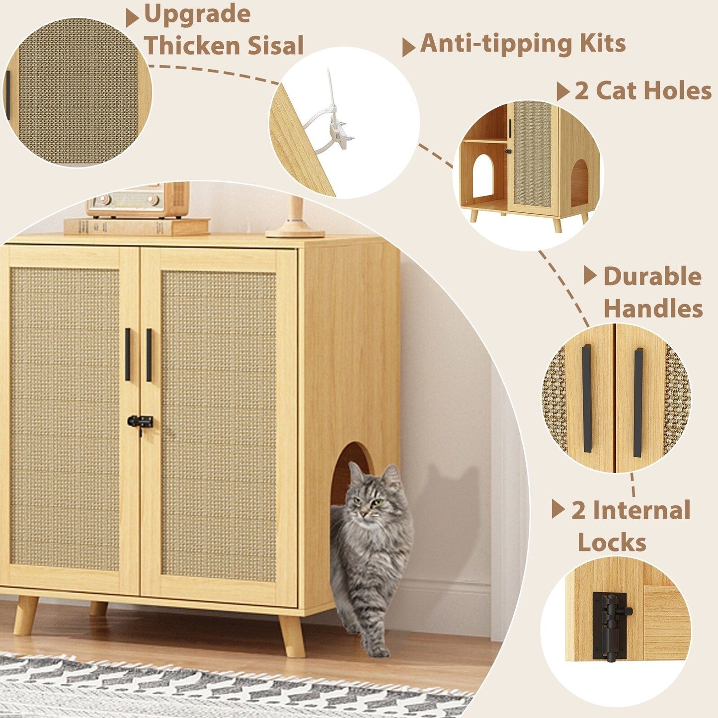 Cat Litter Box Enclosure Cat House Side Table Door Cabinet Bookcase