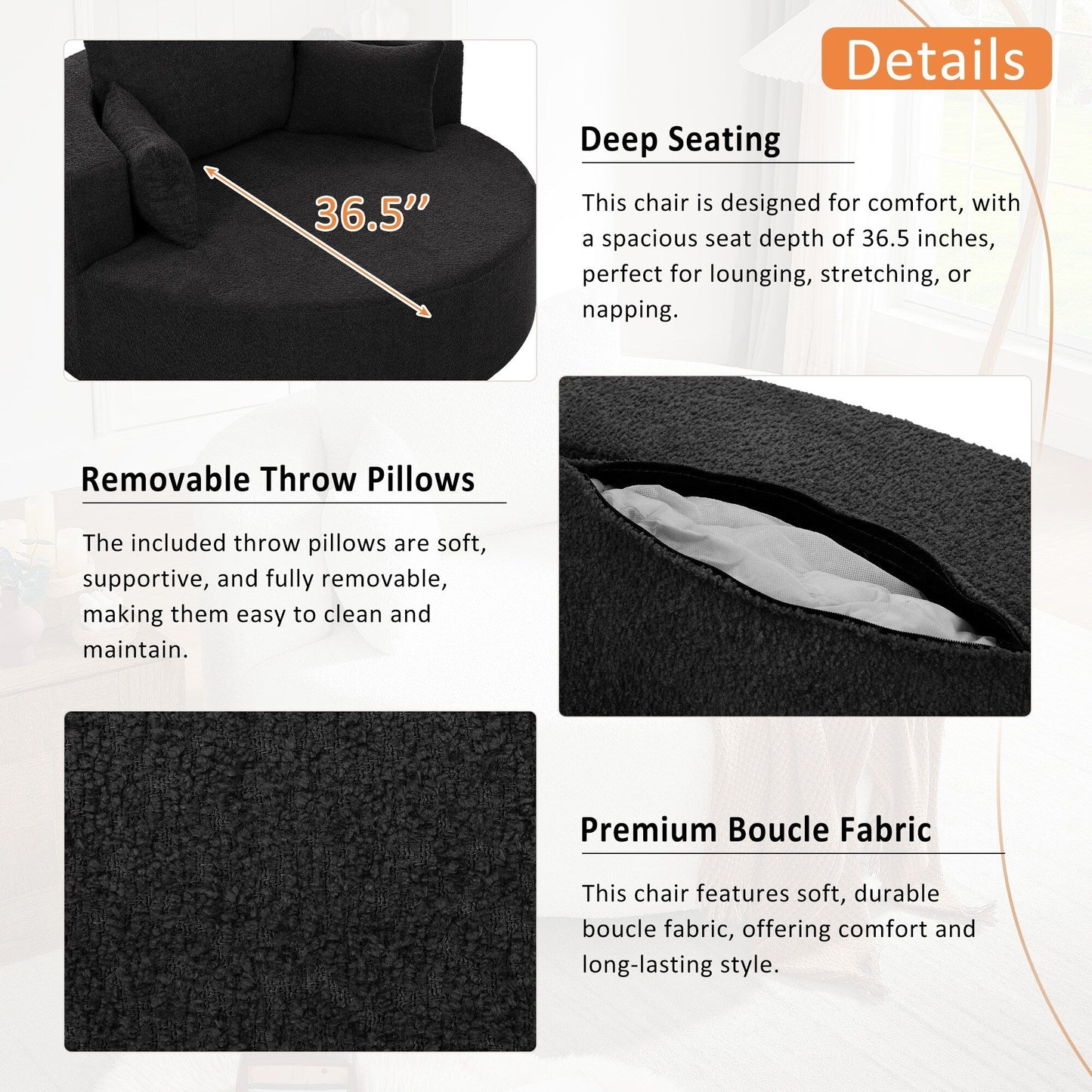 Chenille Accent Barrel Chair Lounge Chair, Round Sofa Chair Armchair with 360-Degree Swivel Base and 3 Removable Pillows