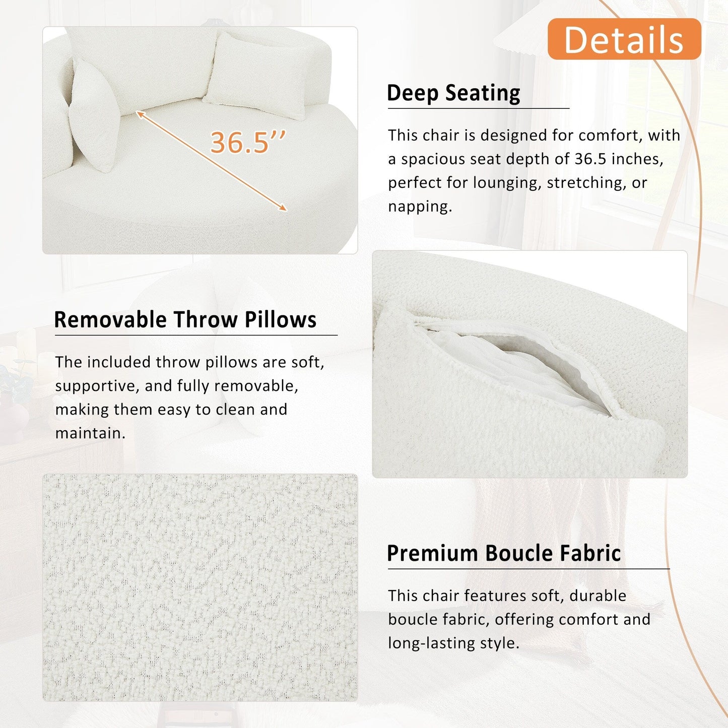 Chenille Accent Barrel Chair Lounge Chair, Round Sofa Chair Armchair with 360-Degree Swivel Base and 3 Removable Pillows