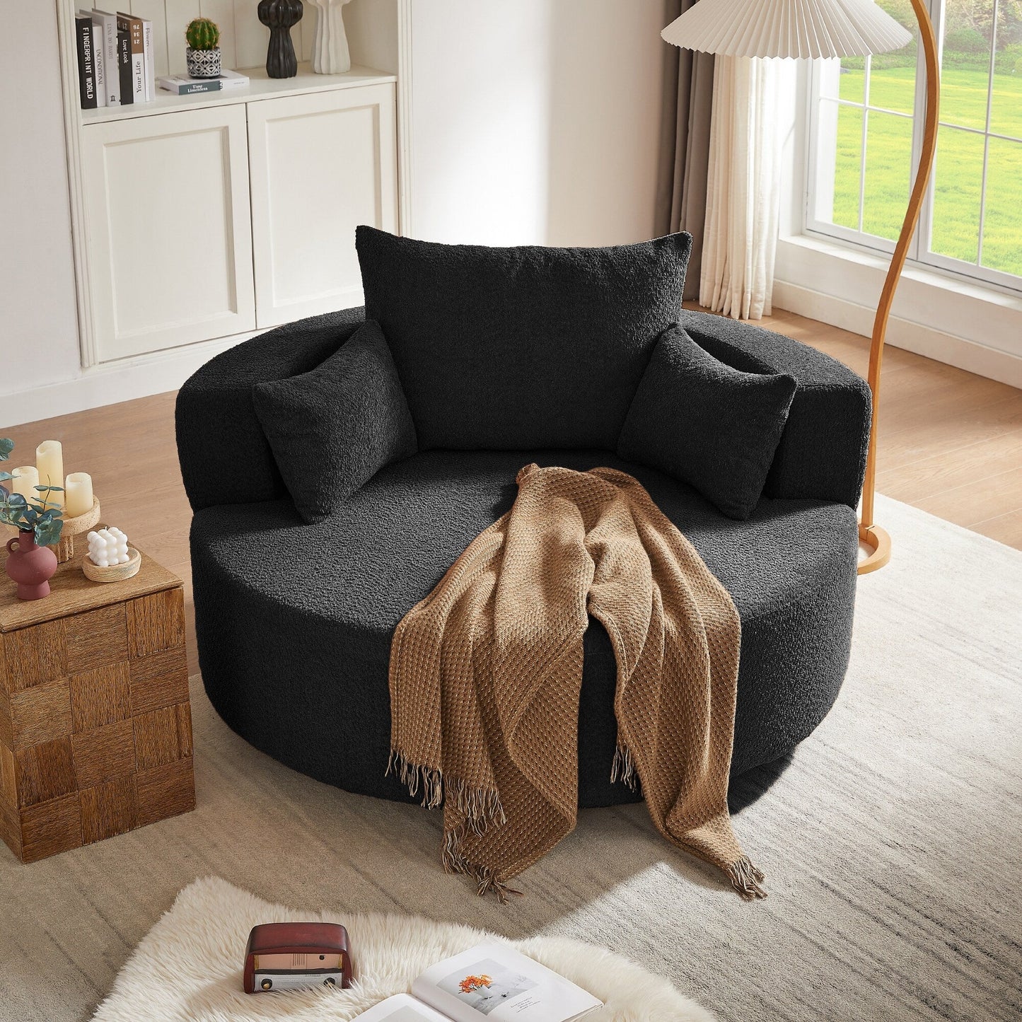 Chenille Accent Barrel Chair Lounge Chair, Round Sofa Chair Armchair with 360-Degree Swivel Base and 3 Removable Pillows