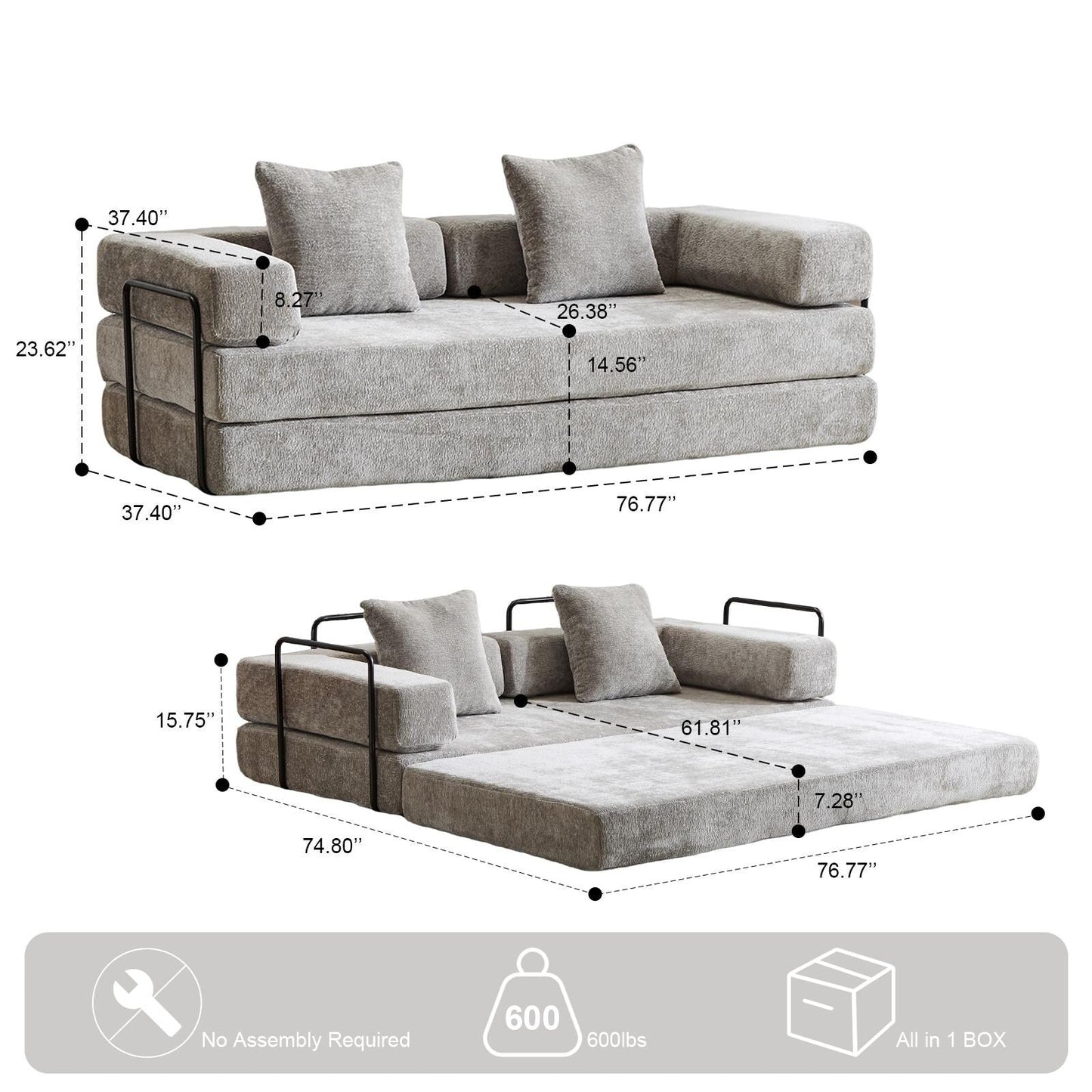 Convertible Floor Sofa Bed with Pillow Back Chenille Fabric for Living Room Bedroom