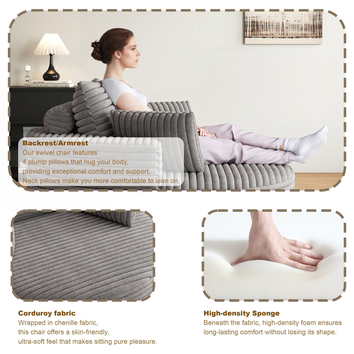 Corduroy Chenille Foam Single Swivel Chair