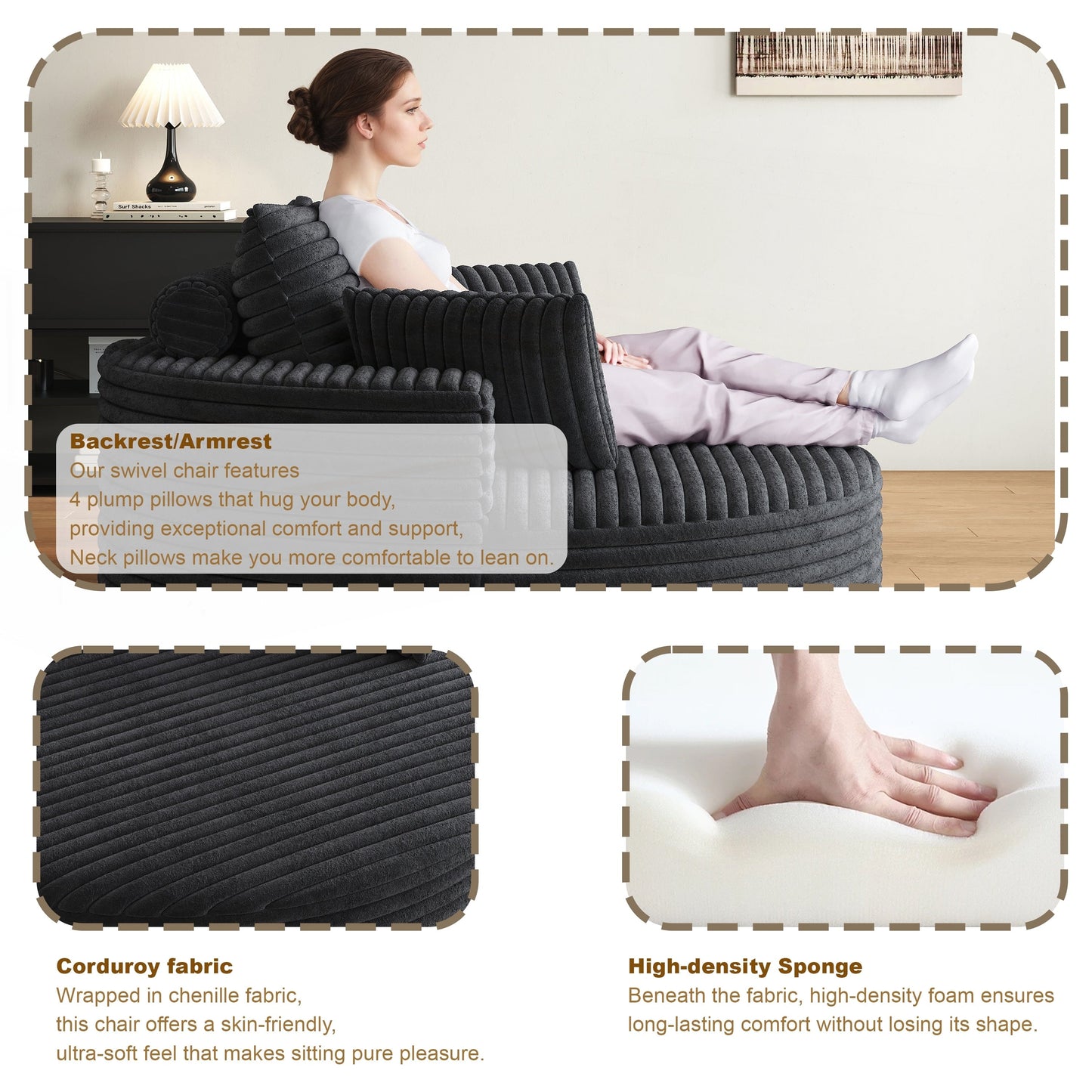 Corduroy Chenille Foam Single Swivel Chair