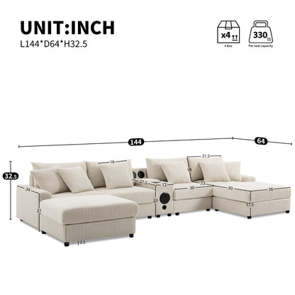 Corduroy Sectional Sofa with Bluetooth Speakers, USB Charger, Cup Holders, Storage, Ottoman, Deep and Wide Seat