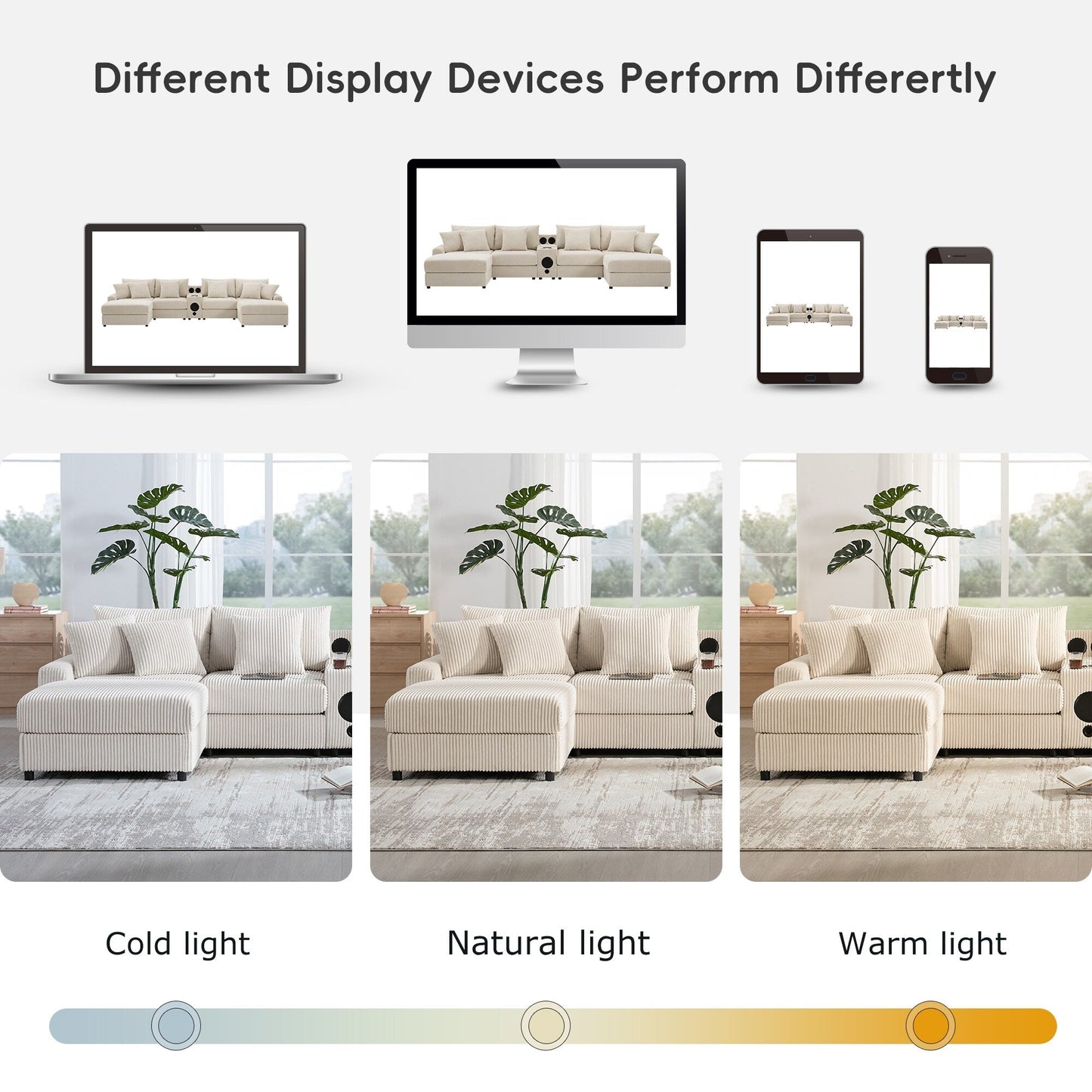 Corduroy Sectional Sofa with Bluetooth Speakers, USB Charger, Cup Holders, Storage, Ottoman, Deep and Wide Seat