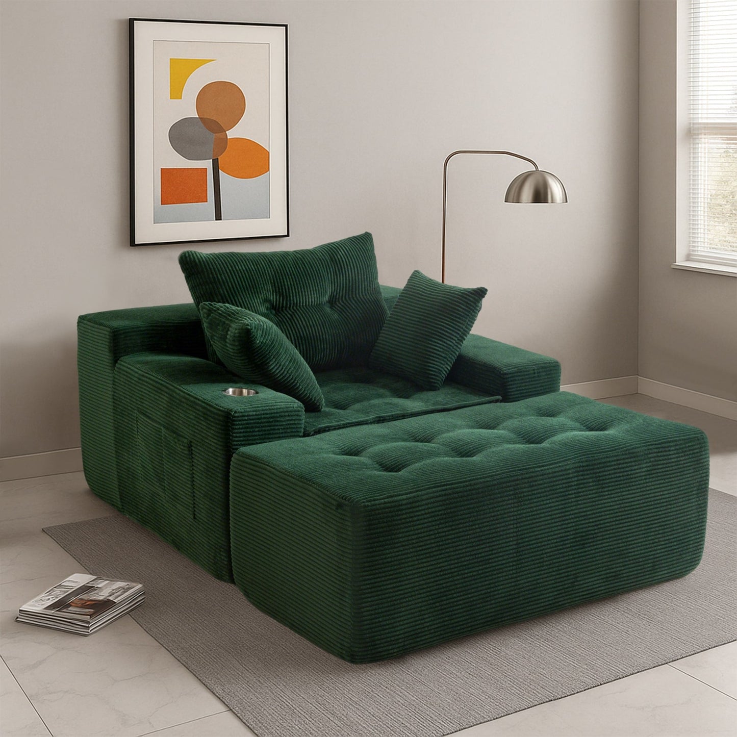 Corduroy Upholstered Memory Foam Sofa With Ottoman Upholstered Bean Bag Couch - 48.4Lx67.7Wx24.4H