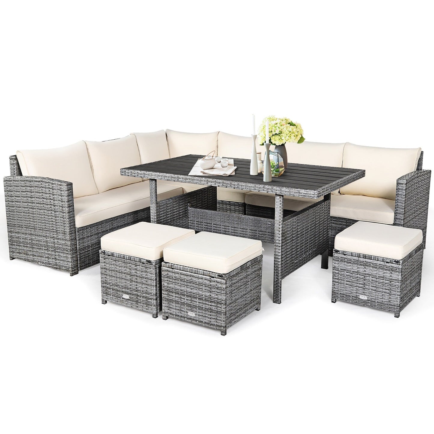 Costway 7 PCS Patio Rattan Dining Set Sectional Sofa Couch Ottoman - See Details
