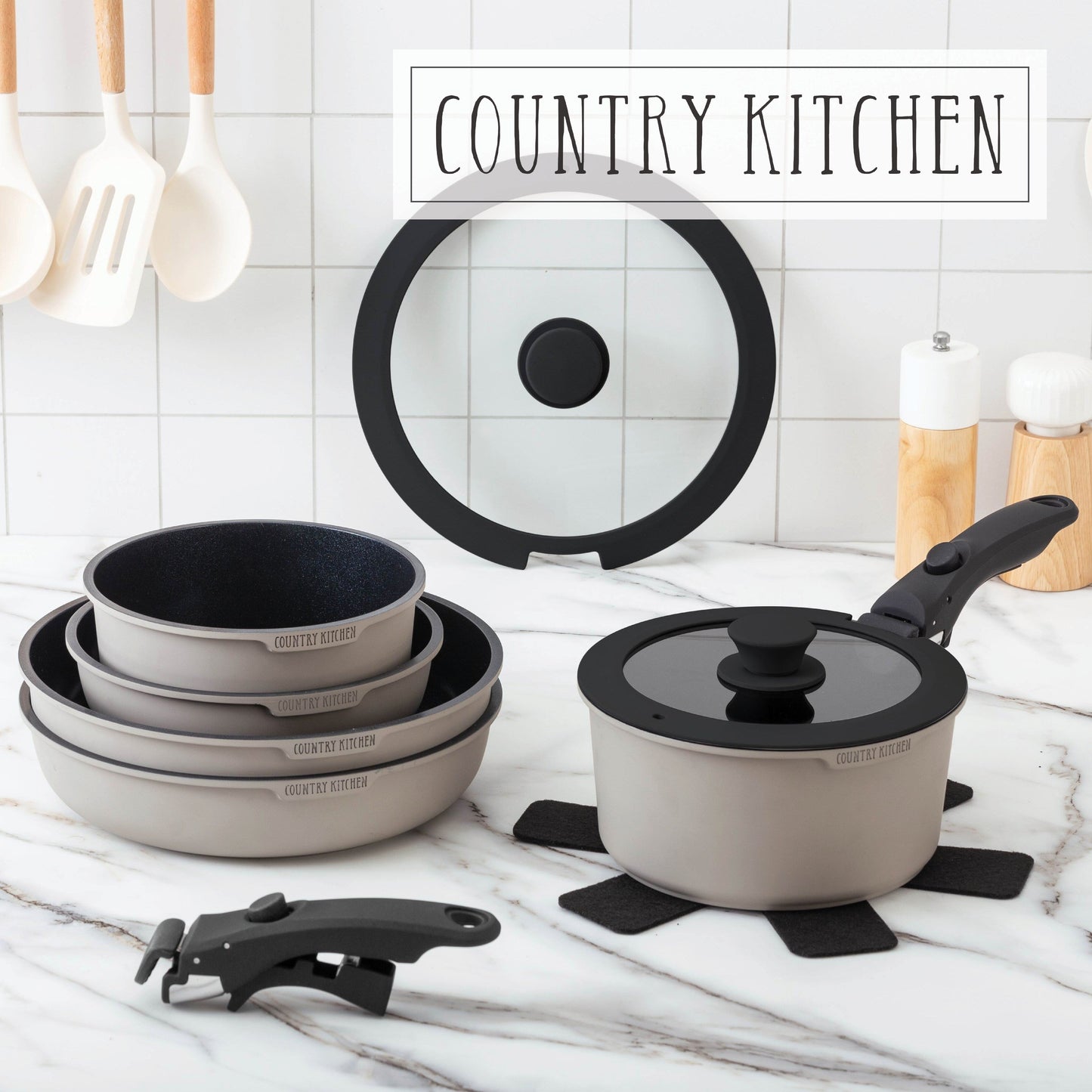 Country Kitchen 16 Piece RV Cookware Set Ceramic with Removable Handle Oven Safe