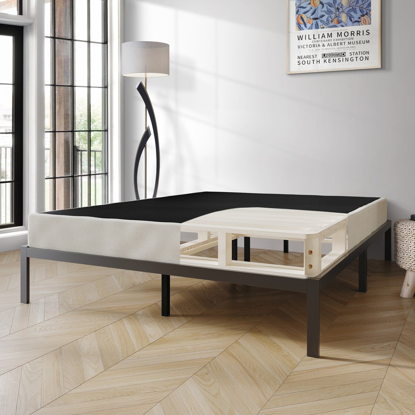 CraftPorch Solid Wood 5-Inch Box Spring Foundation with Wood Slats with Warm Grey Linen Cover