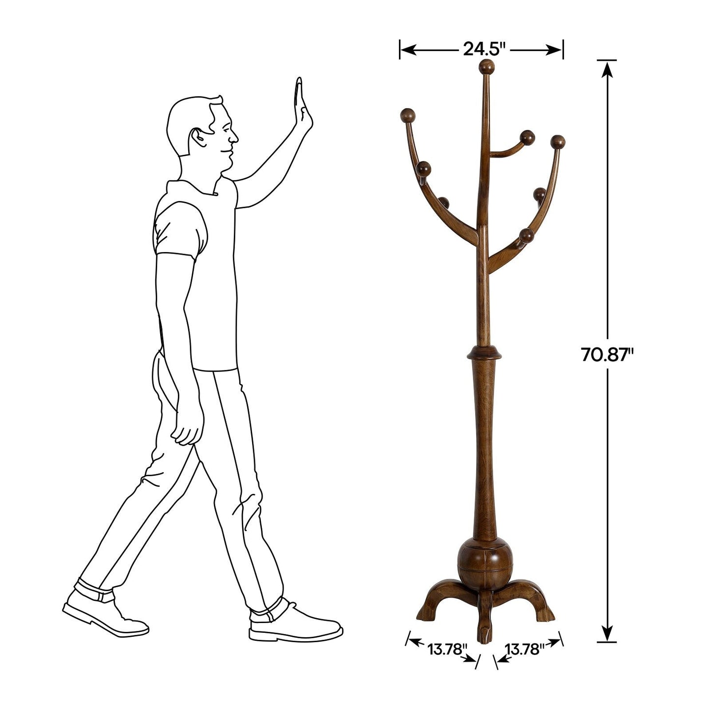 Tree-branch Rubberwood Freestanding Coat Rack with 8 Hooks - 24.5W x 70.87H