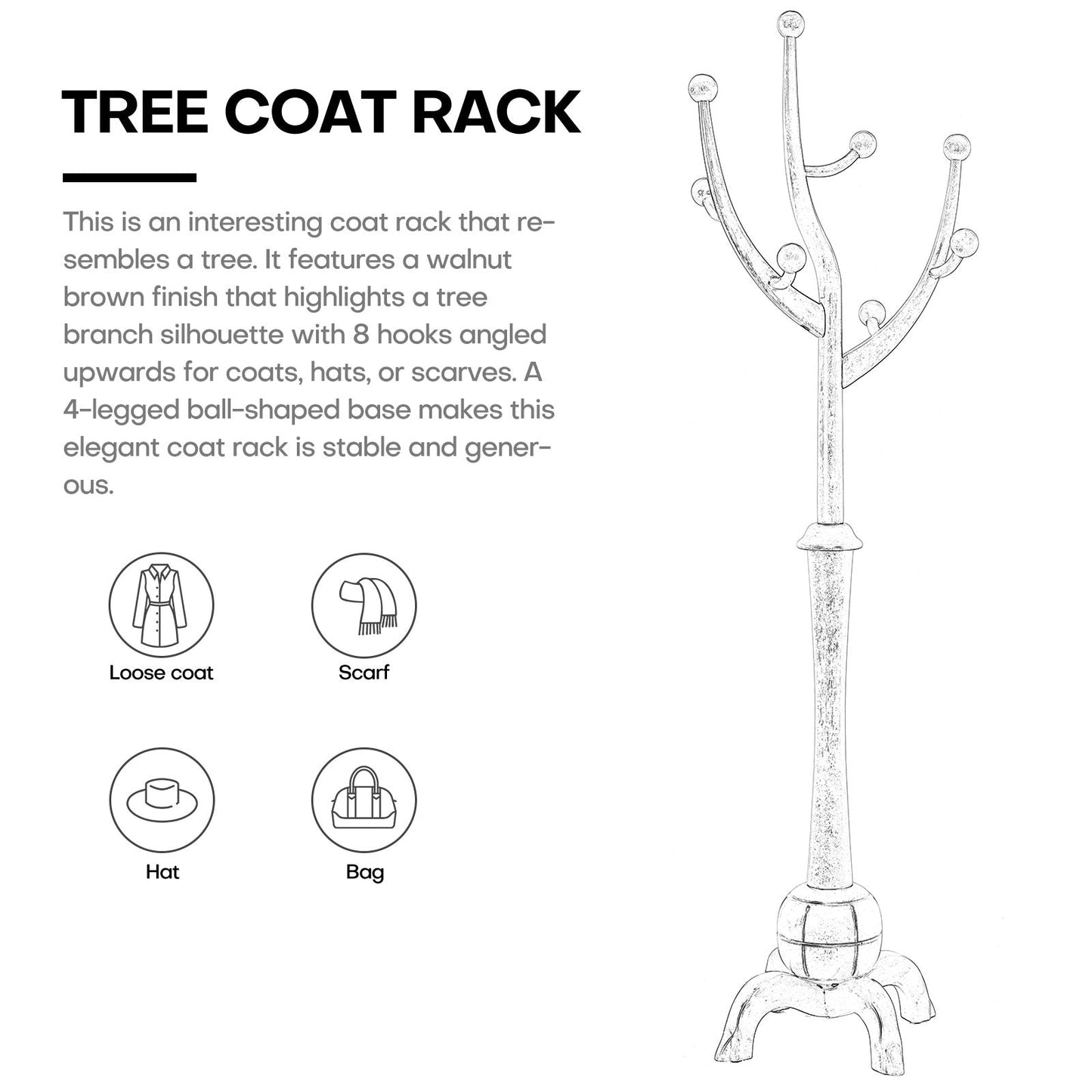 Tree-branch Rubberwood Freestanding Coat Rack with 8 Hooks - 24.5W x 70.87H