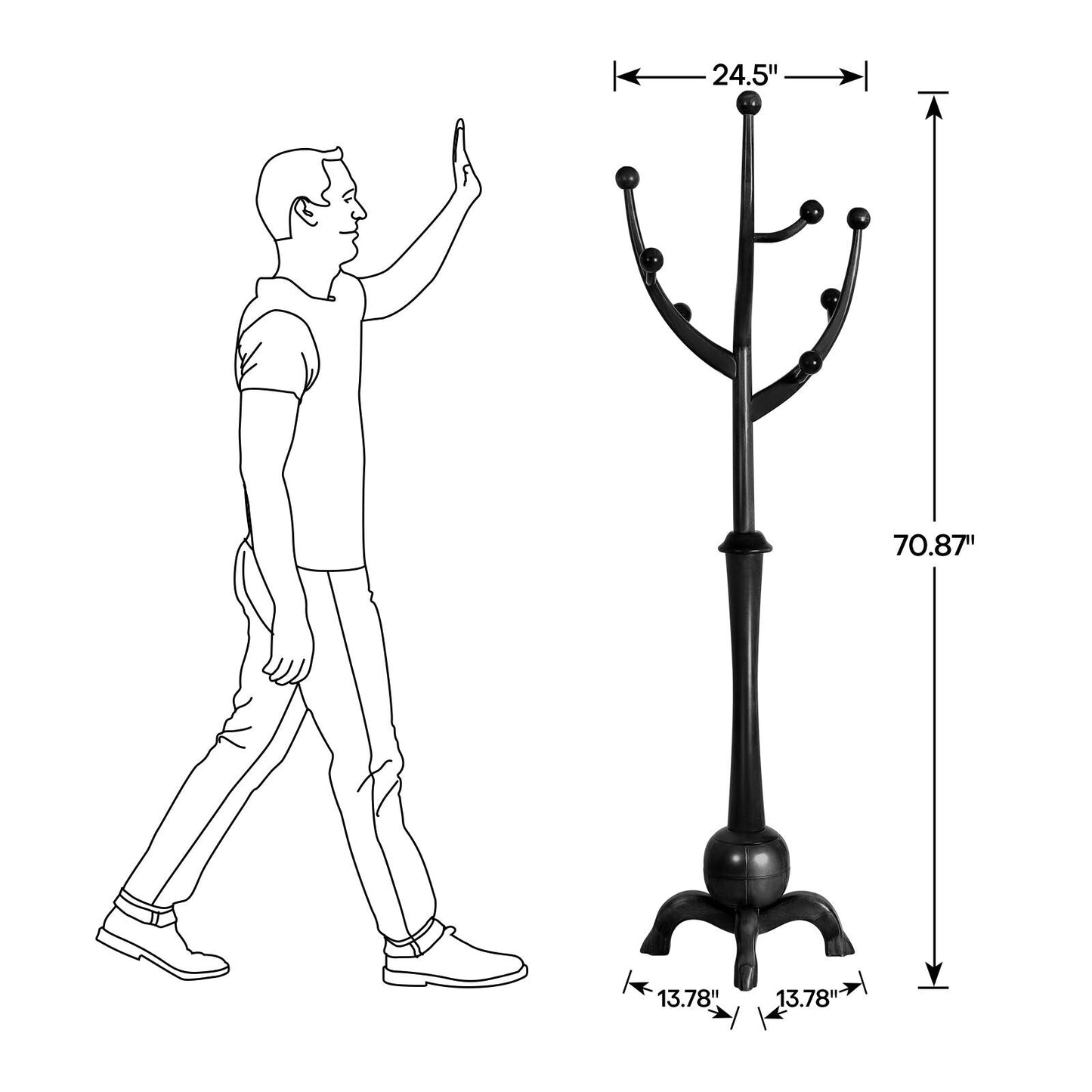 Tree-branch Rubberwood Freestanding Coat Rack with 8 Hooks - 24.5W x 70.87H