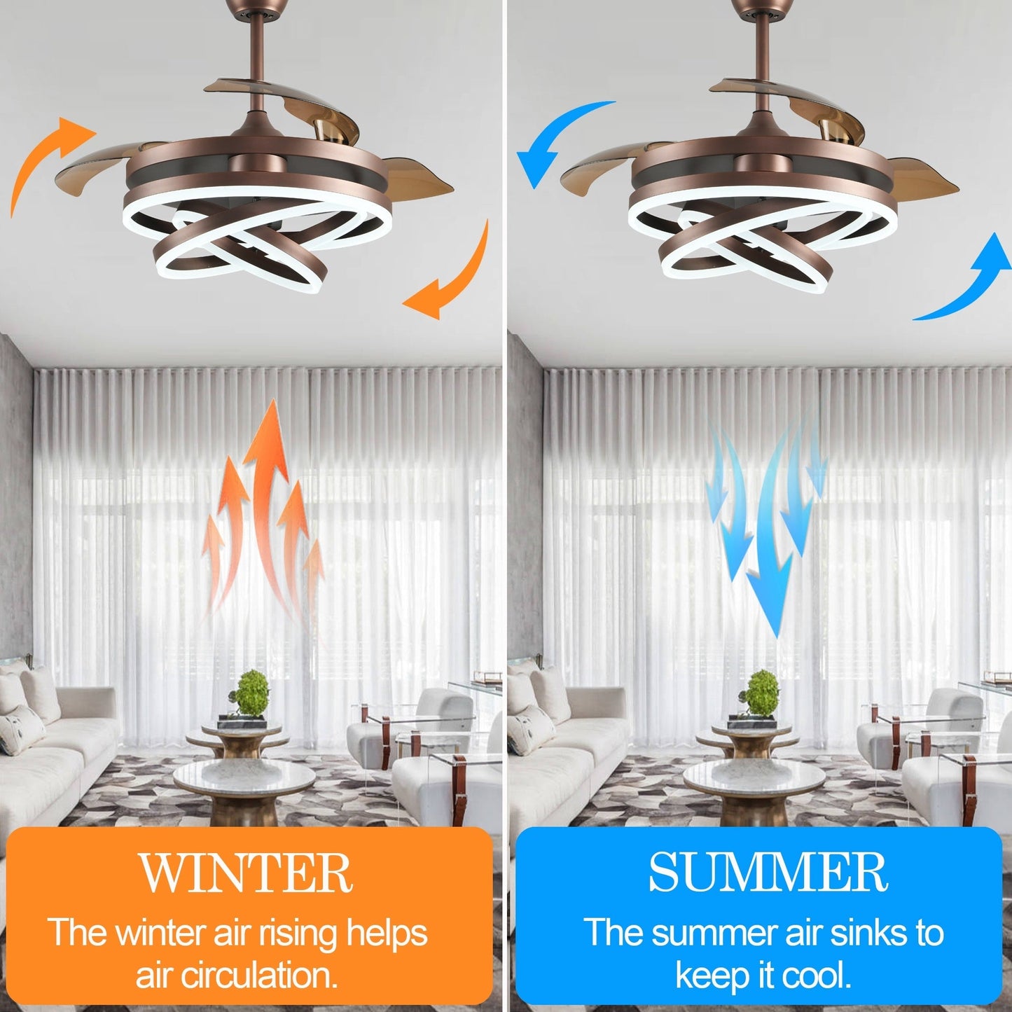 Cusp Barn 42 Retractable Ceiling Fan with Lights and Remote DIY Shape Fandelier Modern Silent DC Motor LED Ceiling Light