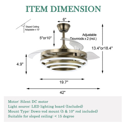 Cusp Barn 42 Retractable Ceiling Fan with Lights and Remote DIY Shape Fandelier Modern Silent DC Motor LED Ceiling Light