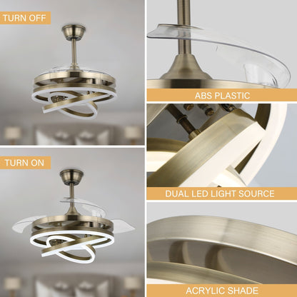 Cusp Barn 42 Retractable Ceiling Fan with Lights and Remote DIY Shape Fandelier Modern Silent DC Motor LED Ceiling Light