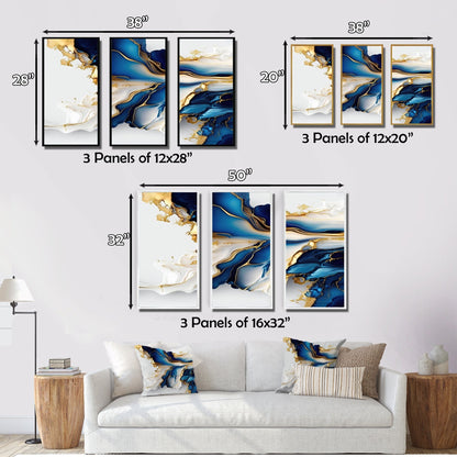 Designart Abstract Geode Gold And Blue Marble Shape III Modern Geometric Framed Canvas Art Print - 3 Panels