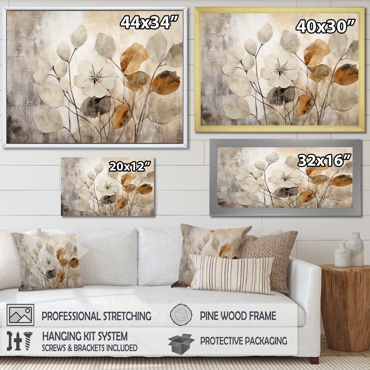 Designart Beige Botanical Impressions III Abstract Botanicals Framed Canvas Art Print
