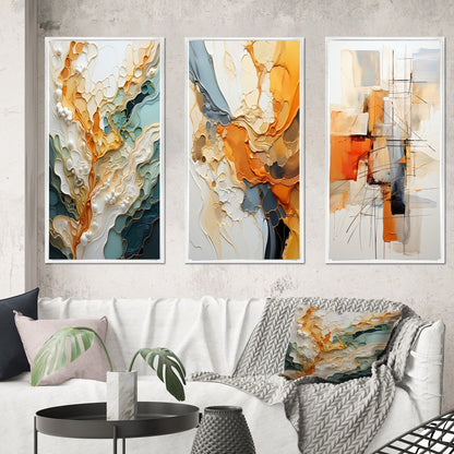 Designart Orange White Line Art Organic Abstraction Abstract Framed Wall Art Set Of 3 For Living Room Decor