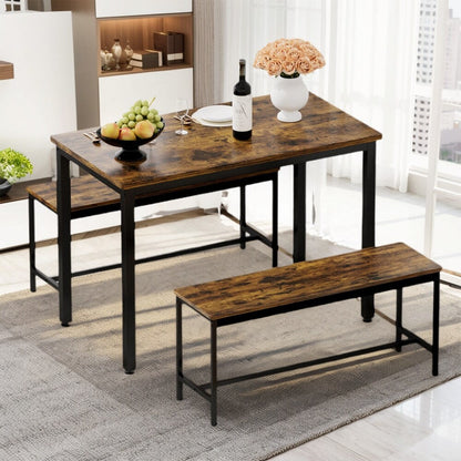 Dining Table Set, Wood Bar Table Set, Kitchen Table w/2 Benches - 3-Piece