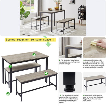 Dining Table Set, Wood Bar Table Set, Kitchen Table w/2 Benches - 3-Piece