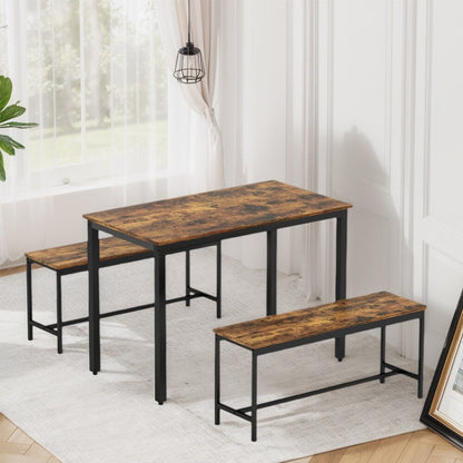 Dining Table Set, Wood Bar Table Set, Kitchen Table w/2 Benches - 3-Piece