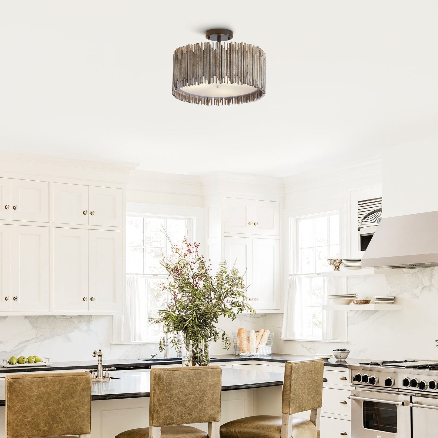 Distressed White 3-Light Wood Drum Semi-Flush Mount Ceiling Light