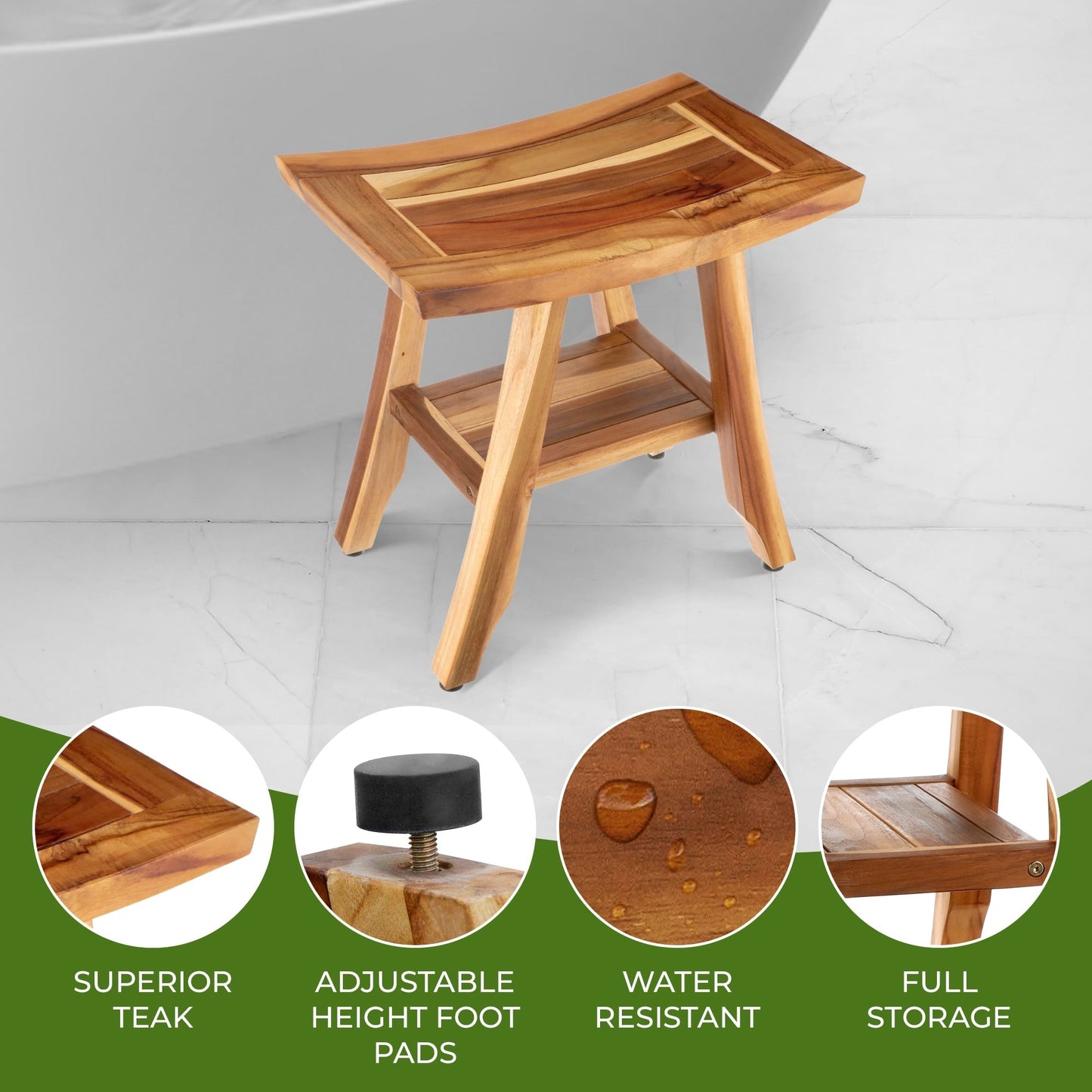 EcoDecors, Bench, Shower Stool, Shower Seat, Shower Chair for Inside Shower, Small Bench, Teak Shower Bench, Shower Foot Rest