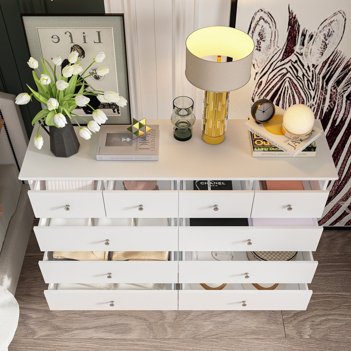 10 Drawer Double Dresser for Bedroom White Dresser Wide Storage