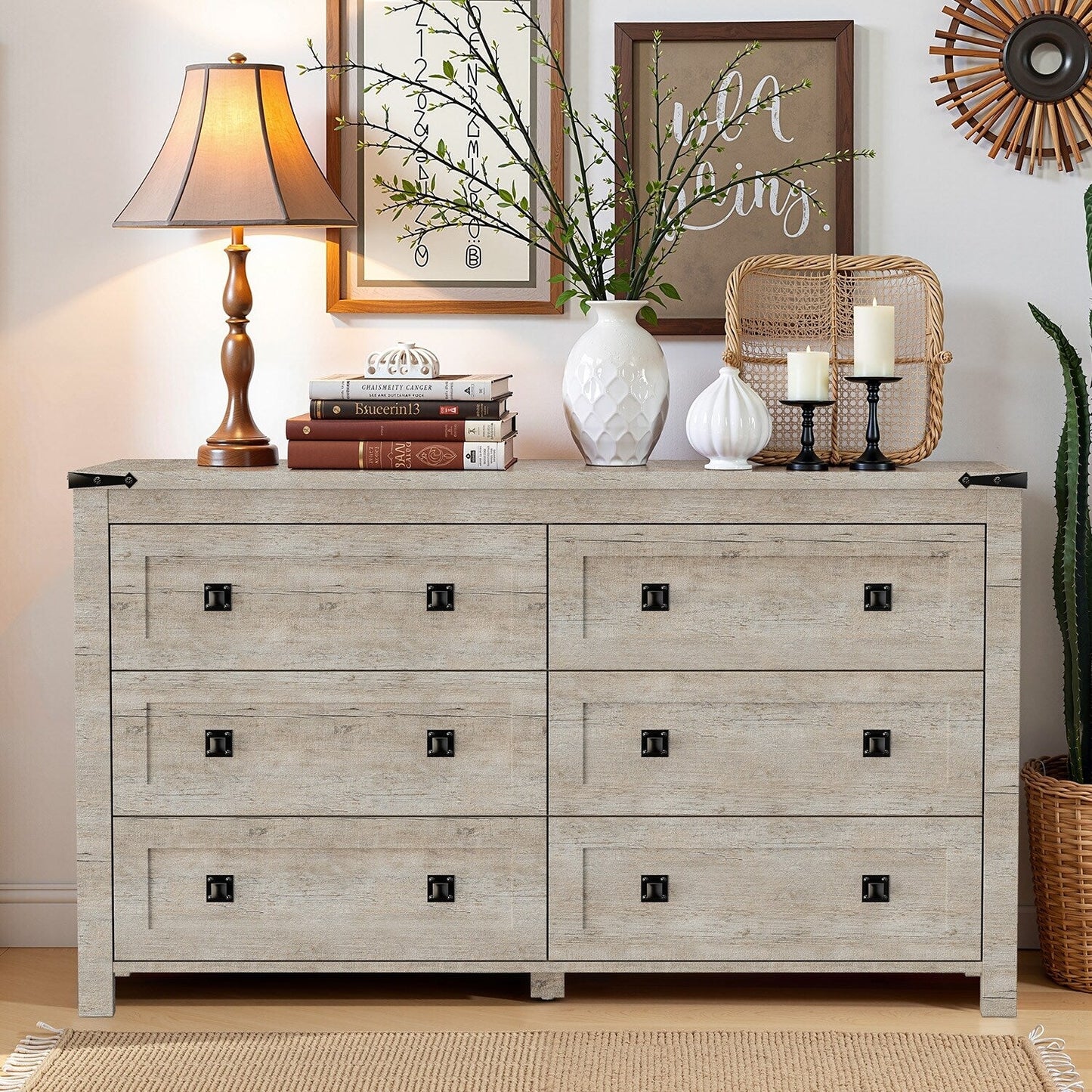 Farmhouse 6 Drawer Dresser, Wood TV Stand, Chest of Drawers