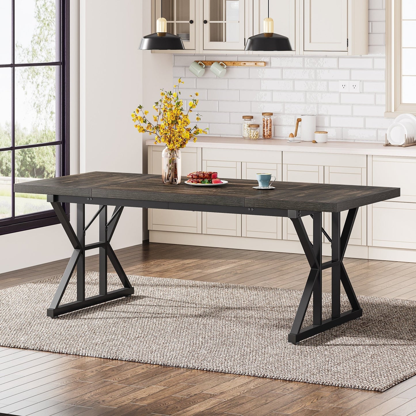 Farmhouse Dining Table for 6 People, 70.8-Inch Rectangular Wood Kitchen Table