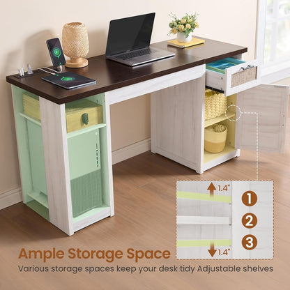 Farmhouse Executive Desk Home Office Desk File Drawer Monitor Stand Power Outlet