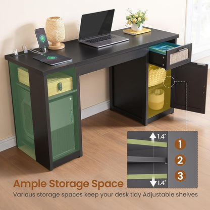 Farmhouse Executive Desk Home Office Desk File Drawer Monitor Stand Power Outlet