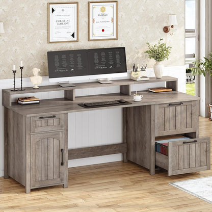 Farmhouse Executive Desk Home Office Desk File Drawer Monitor Stand Power Outlet