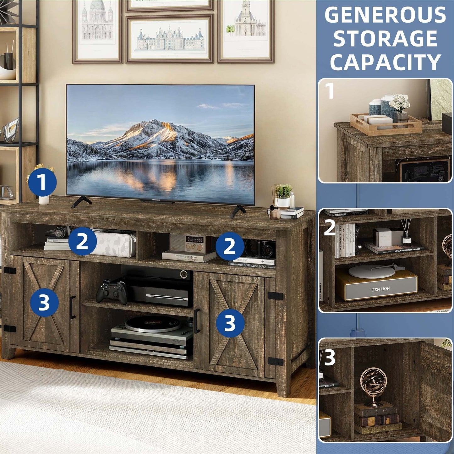 Farmhouse TV Stand for up to 65 TV with Doors and Open Shelves Media Console Power Outlet