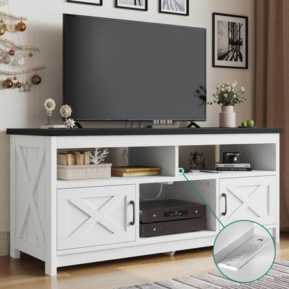 Farmhouse TV Stand for up to 65 TV with Doors and Open Shelves Media Console Power Outlet