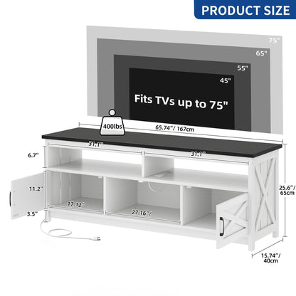 Farmhouse TV Stand for up to 65 TV with Doors and Open Shelves Media Console Power Outlet