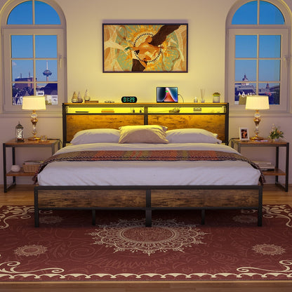 Farmhouse Wood Platform Bed Frame with Charged Station and LED Lights