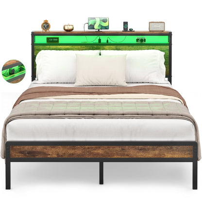 Farmhouse Wood Platform Bed Frame with Charged Station and LED Lights