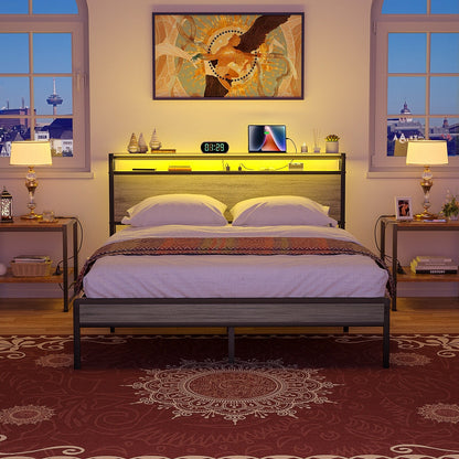 Farmhouse Wood Platform Bed Frame with Charged Station and LED Lights